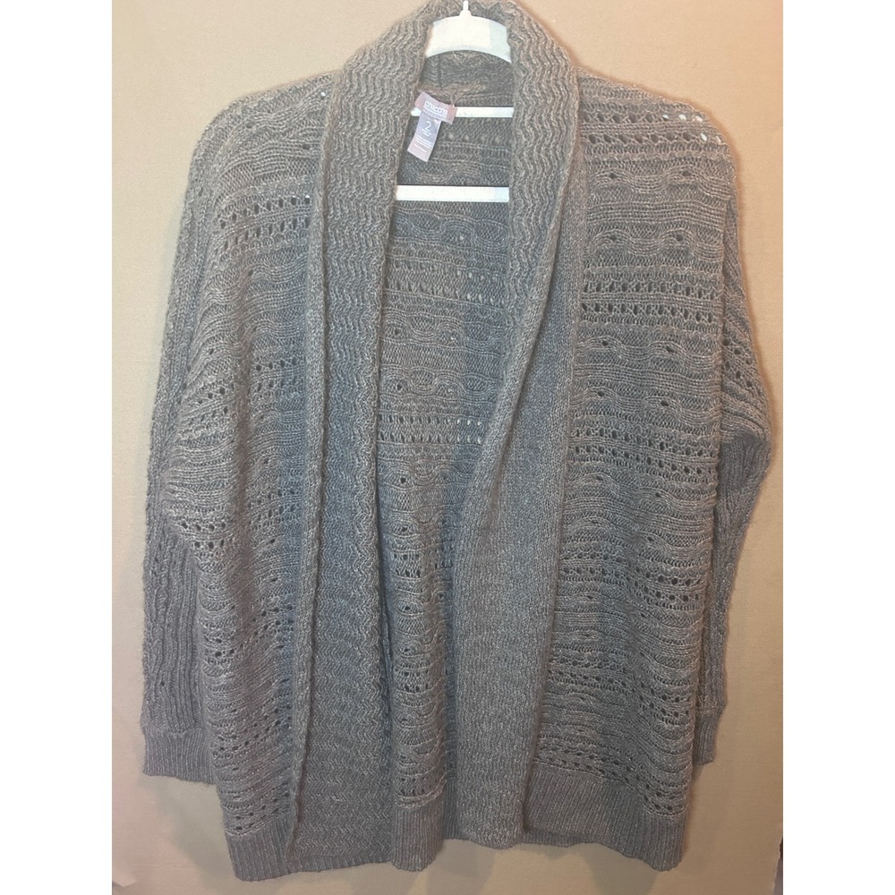 Chicos Cardigan Womens Size‎ 2 L Grey Excellent Open Knit Metallic Shimmer Shawl